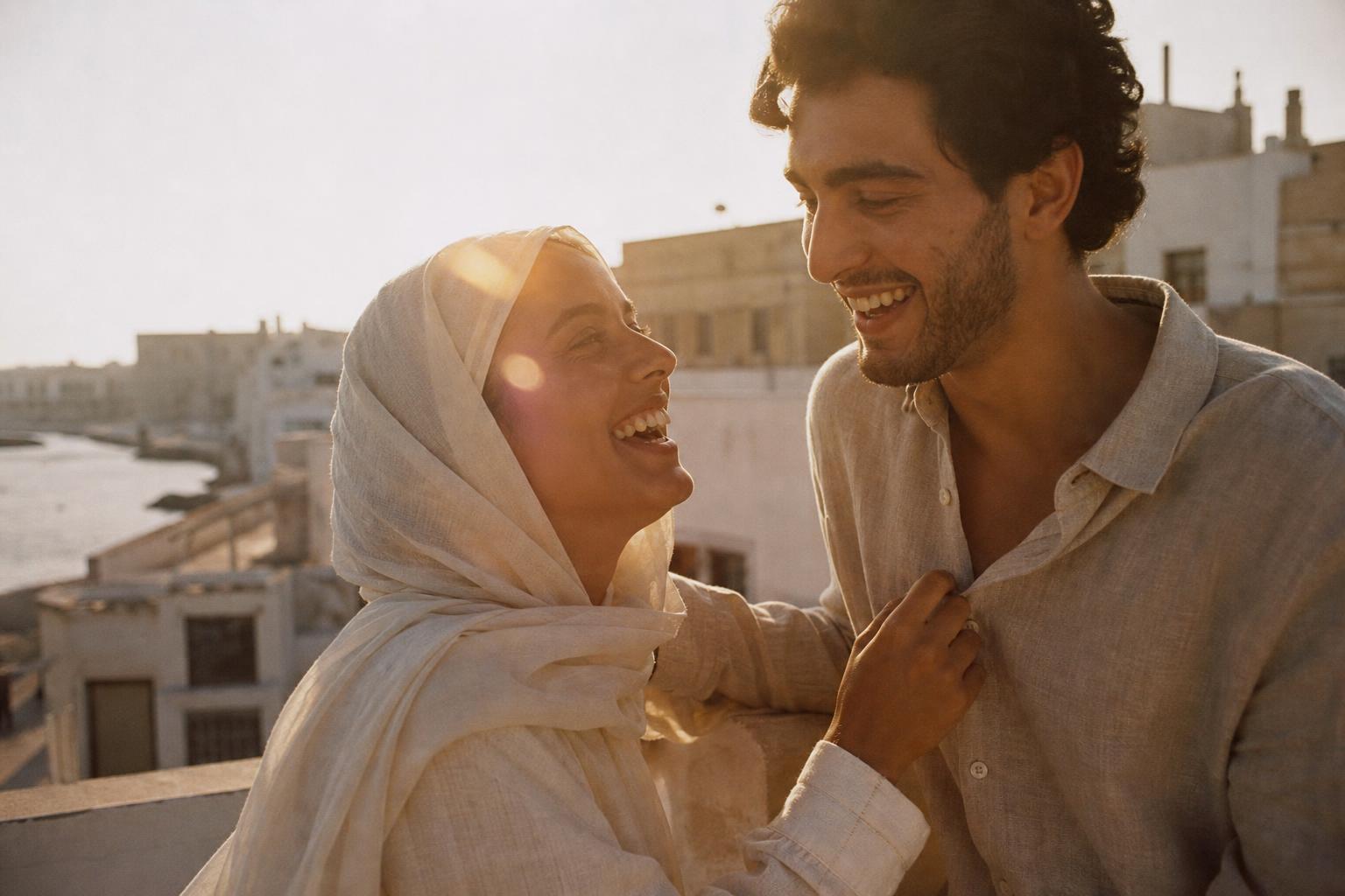 A joyful young Muslim couple, recently introduced through Siraat, laughing together in golden hour light
